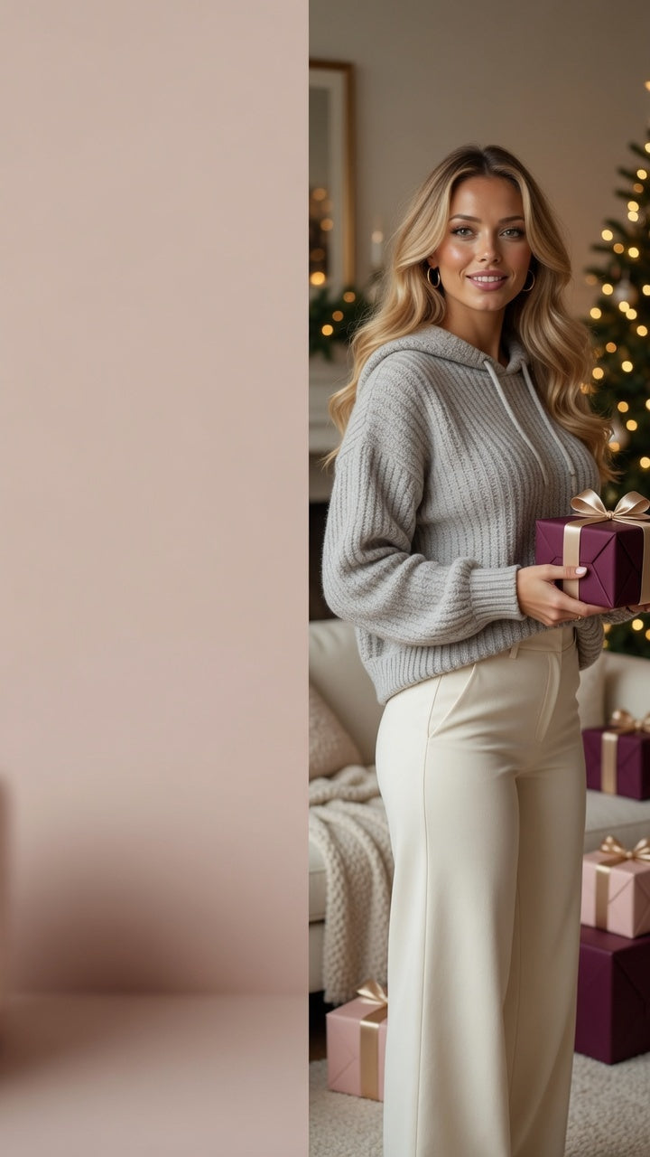 Model holding a wrapped holiday gift in a cozy gray knit hoodie